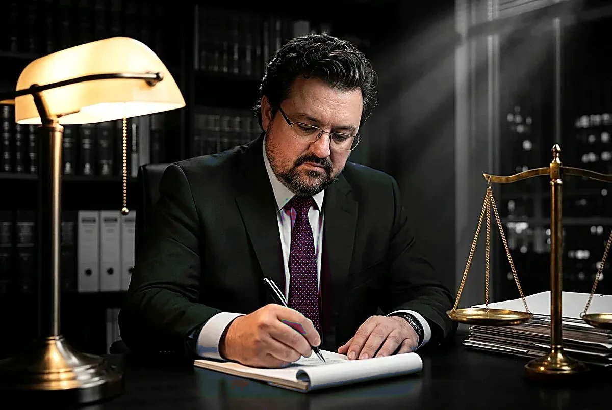 Perito em psicologia forense analisando autos processuais em escritório com balança da justiça