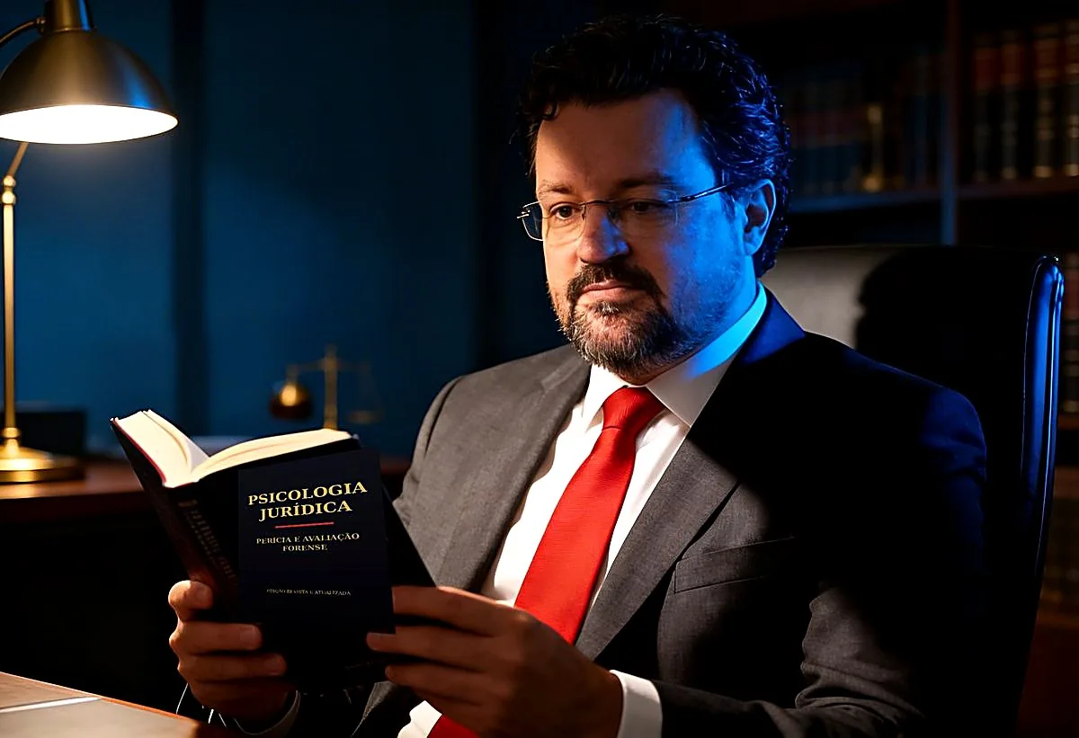 Psicólogo estudando obra de psicologia jurídica sobre perícia e avaliação forense